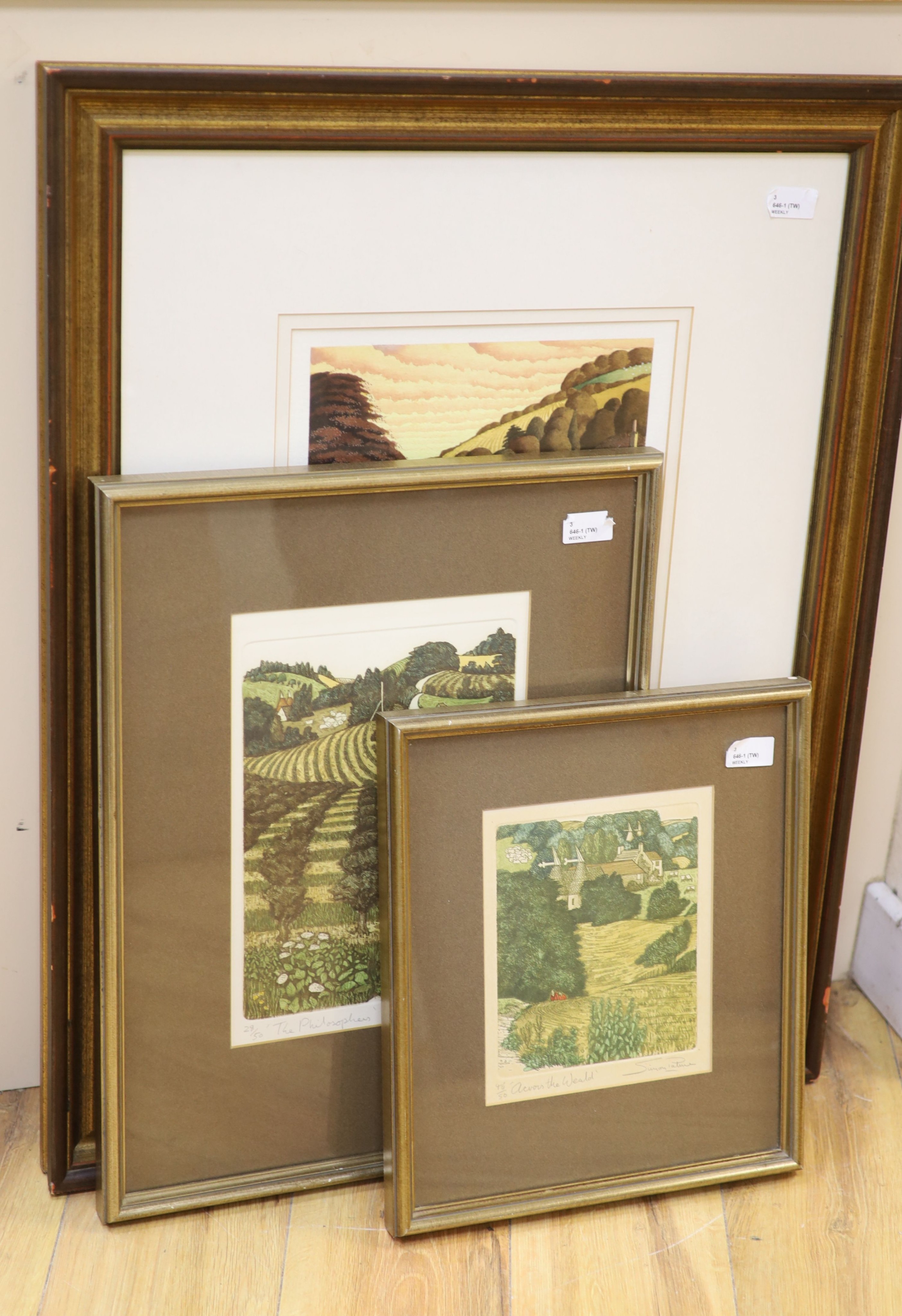 Simon Palmer (b. 1956), three colour screenprints, comprising 'The Arrival of the Man from Cremona', 43 x 28.5cm (largest)